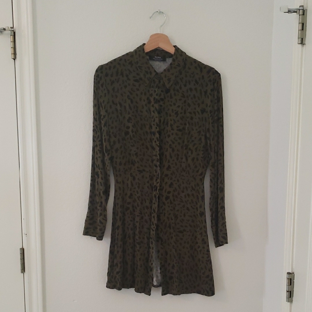 Bershka Green And Black Leopard Print Long Sleeve Dress